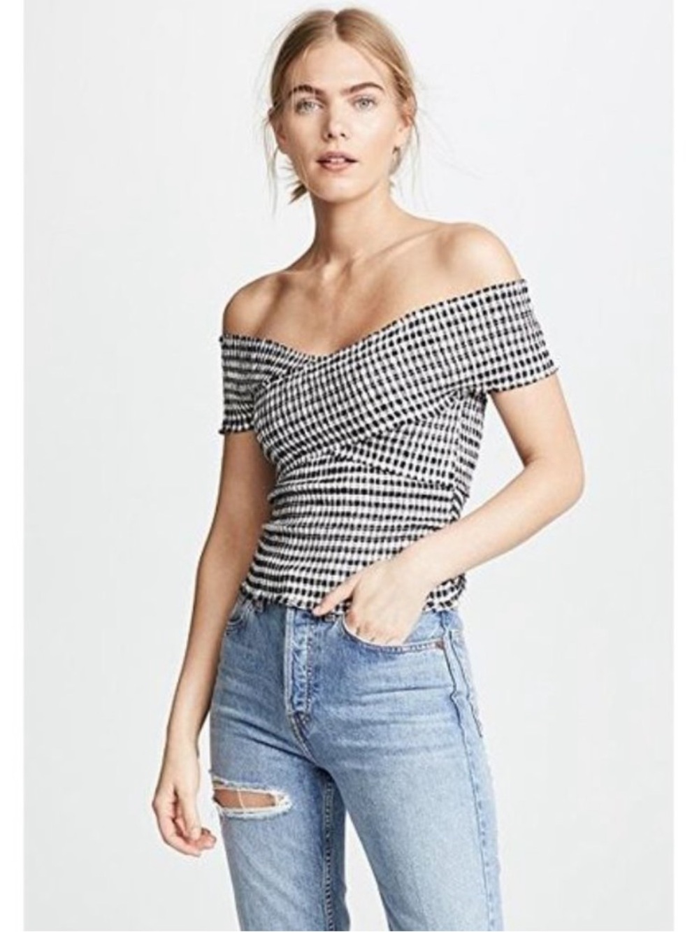 Cupcakes and Cashmere Gingham Smocked Tank Top Off Shoulder Large Black White